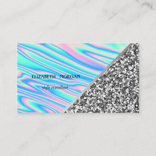 Modern Silver Glitter, Geometric, Holographic Business Card (Front)