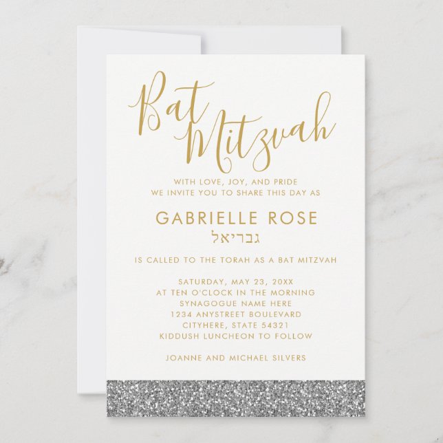 Modern Silver Glitter Gold Bat Mitzvah Invitation (Front)
