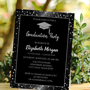 Modern Silver Glitter Graduation Cap,Polka Dots Invitation