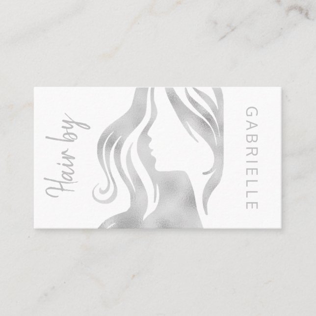 Modern silver glitter grey and white hair stylist business card (Front)