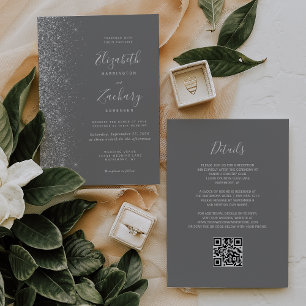 Modern Silver Glitter Grey QR Code Wedding Invitation