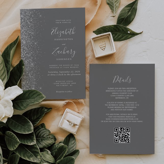 Modern Silver Glitter Grey QR Code Wedding Invitation (Creator Uploaded)