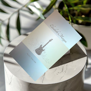 Modern,Silver Glitter Guitar, Music Teacher Business Card