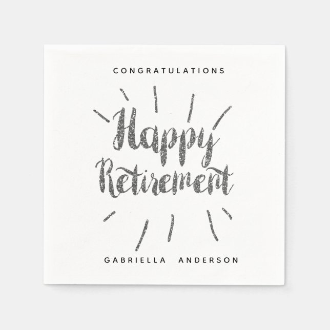 Modern Silver Glitter Happy Retirement Napkin (Front)