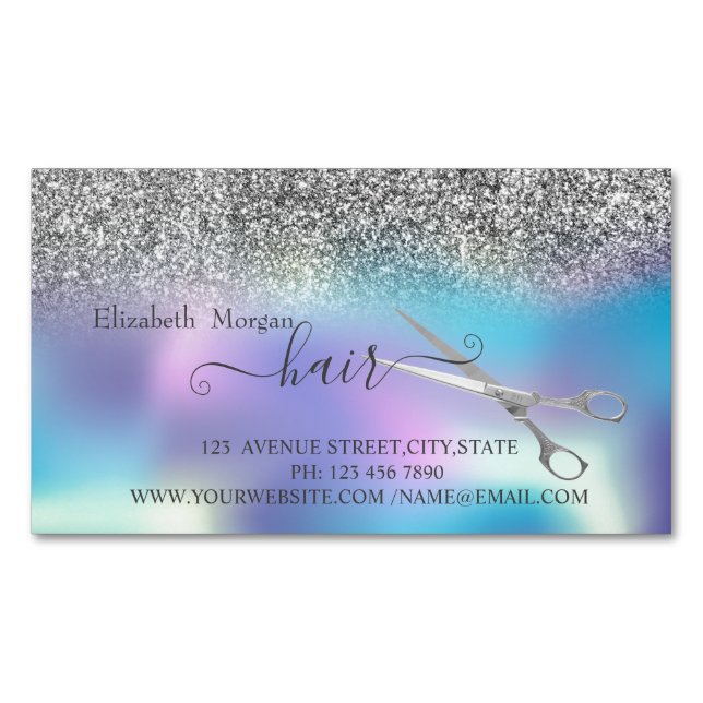 Modern Silver Glitter,Holographic,  Scissors Hair Magnetic Business Card (Front)