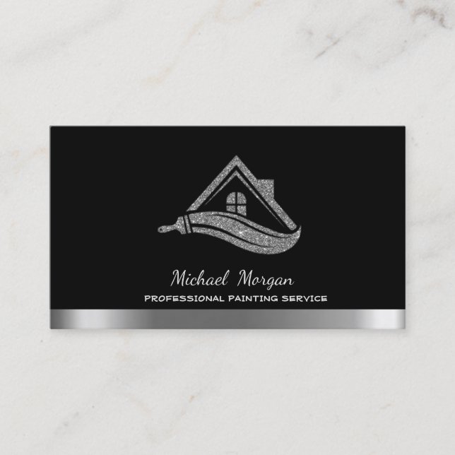 Modern Silver Glitter House Roof Brush Black Business Card (Front)
