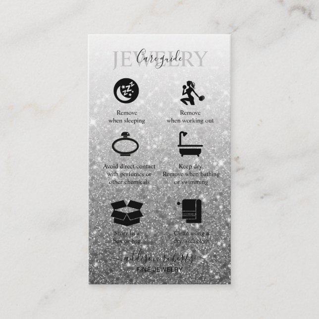 Modern Silver Glitter Jewellery Care  Business Car Business Card (Front)