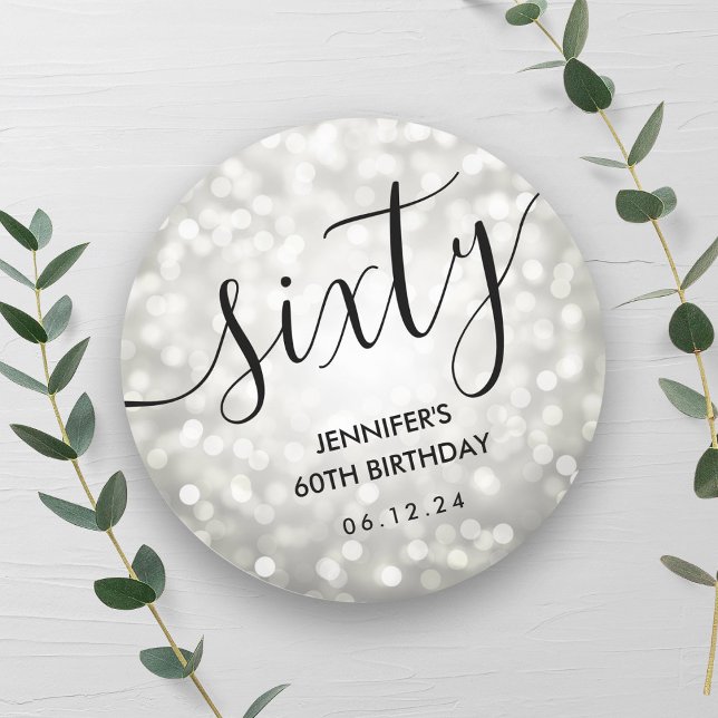 Modern Silver Glitter Lights 60th Birthday  Classic Round Sticker (Modern Silver Glitter Lights 60th Birthday Classic Round Sticker)