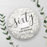 Modern Silver Glitter Lights 60th Birthday  Classic Round Sticker<br><div class="desc">Elegant Glam Silver Glitter Lights 60th Birthday Script template featuring glitter lights and modern typography script.</div>