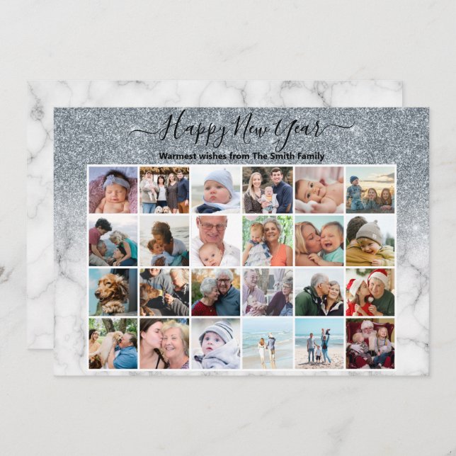 Modern Silver Glitter Marble Elegant Script Photo  Holiday Card (Front/Back)