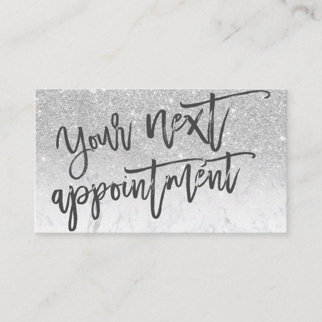 Modern silver glitter marble script typography appointment card (Front)