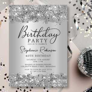 Modern Silver Glitter Metal Foil 40th Birthday Invitation