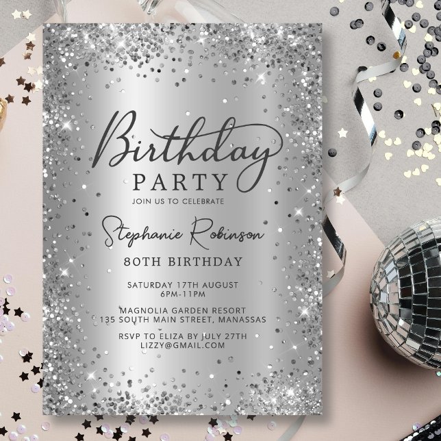 Modern Silver Glitter Metal Foil 80th Birthday  Invitation (Creator Uploaded)