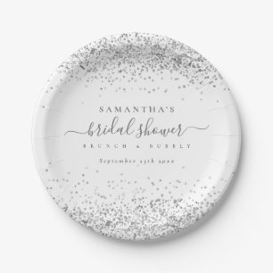 Modern Silver Glitter Name Date Bridal Shower Paper Plate