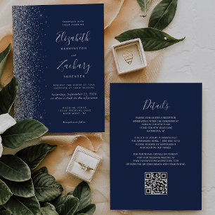 Modern Silver Glitter Navy Blue QR Code Wedding Invitation