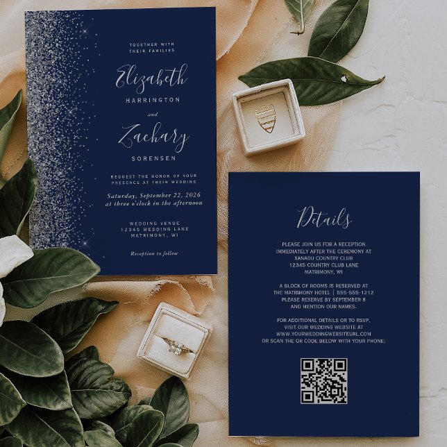 Modern Silver Glitter Navy Blue QR Code Wedding Invitation (Creator Uploaded)