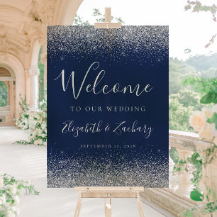Modern Silver Glitter Navy Blue Wedding Welcome Acrylic Sign