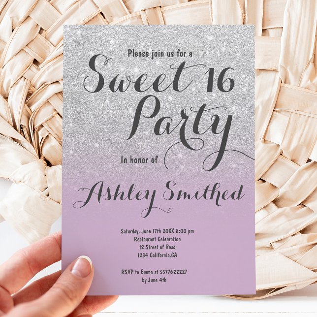 Modern silver glitter ombre lavender Sweet 16 Invitation (Creator Uploaded)