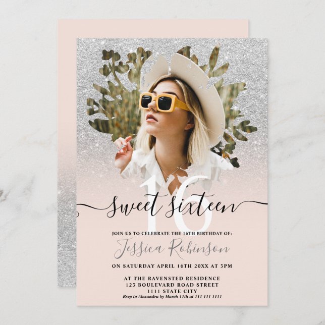 Modern silver glitter ombre photo floral Sweet 16 Invitation (Front/Back)
