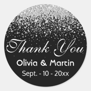 Modern Silver Glitter on Black Classic Round Sticker