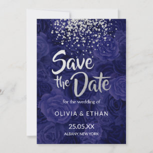 Modern Silver Glitter on Royal Blue Roses Save The Date