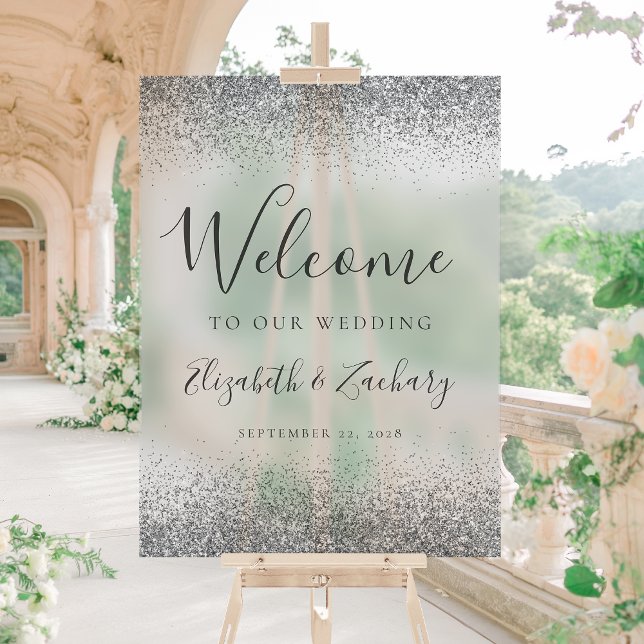Modern Silver Glitter Pale Grey Wedding Welcome Acrylic Sign (Creator Uploaded)