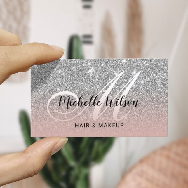 Modern Silver Glitter Pink Monogram Beauty Salon Business Card (Creator Uploaded)