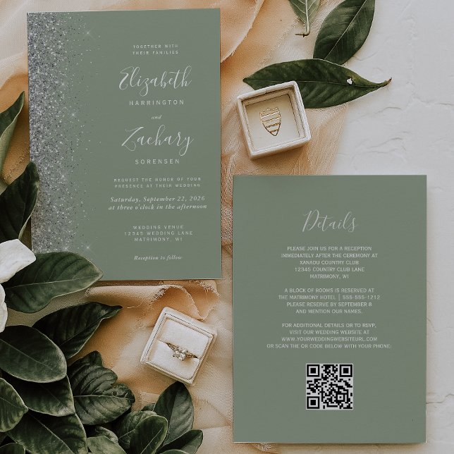 Modern Silver Glitter Sage Green QR Code Wedding Invitation (Creator Uploaded)