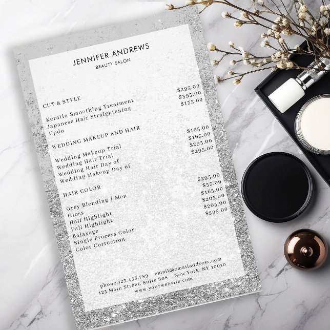 Modern Silver Glitter Salon Price List  Flyer (Creator Uploaded)