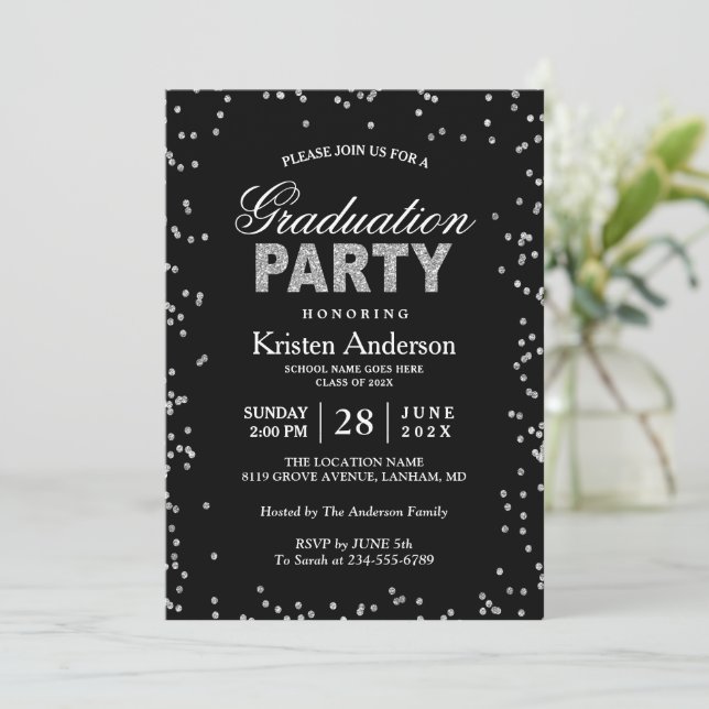 Modern Silver Glitter Sparkles Graduation Party Invitation (Standing Front)
