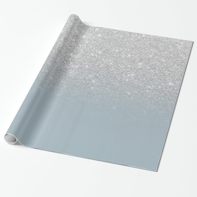 Modern silver glitter sparkles ombre dusty blue wrapping paper (Unrolled)