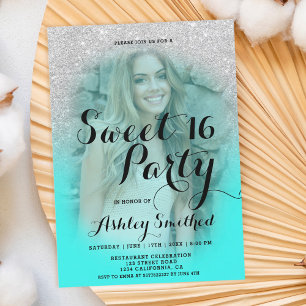 Modern silver glitter teal aqua photo Sweet 16 Invitation