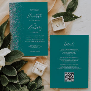 Modern Silver Glitter Teal Blue QR Code Wedding Invitation