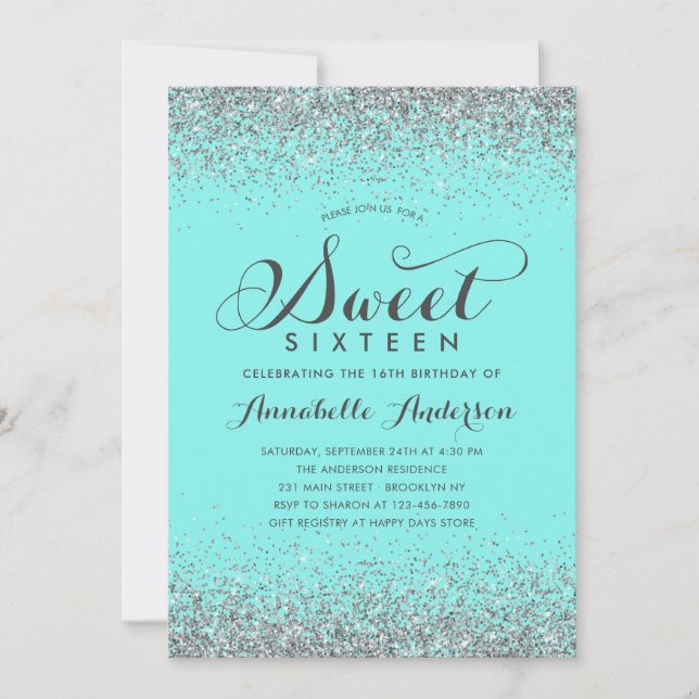 Modern Silver Glitter Teal Girly Sweet 16 Birthday Invitation (Front)
