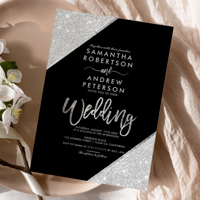 Modern silver glitter typography black wedding invitation (Modern silver glitter typography black wedding invitation)