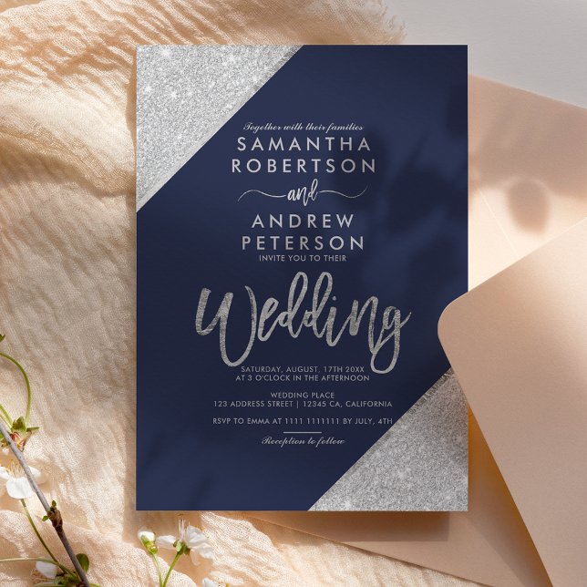 Modern silver glitter typography navy blue wedding invitation (Creator Uploaded)