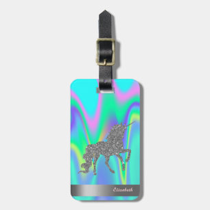Modern Silver Glitter Unicorn, Holographic Luggage Tag