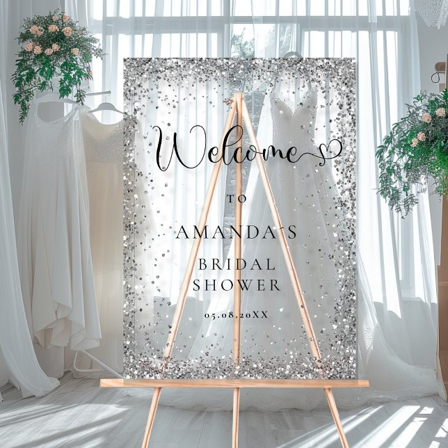 Modern, Silver, Glitter Welcome Acrylic Sign (Modern, Silver, Welcome Acrylic Sign with your Name ans Date.)