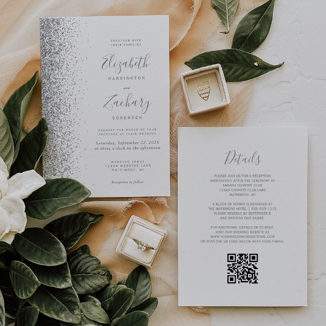 Modern Silver Glitter White QR Code Wedding Invitation (Creator Uploaded)