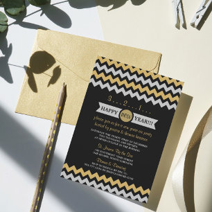 Modern Silver & Gold Chevron New Years Eve Party Invitation