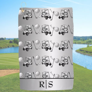 Modern Silver Golf Balls and Cart Custom Monogram Towel