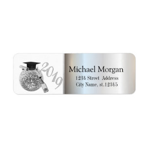 Modern  Silver Graduation Cap,Disco Ball,Wine Return Address Label