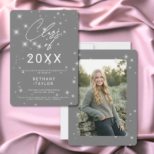 Modern Silver Gray & White Sparkle Graduation Announcement