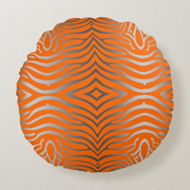 Modern Silver-Grey And Orange Zebra Stripes Round Cushion (Front)