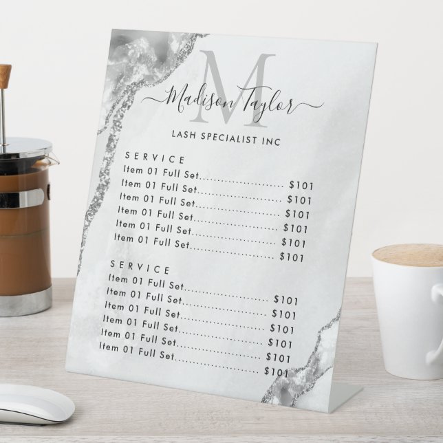 Modern Silver Grey Glitter Agate Marble Monogram Pedestal Sign (In SItu)