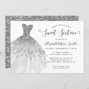 Modern Silver Grey Glitter Dress Sweet 16 Birthday Invitation