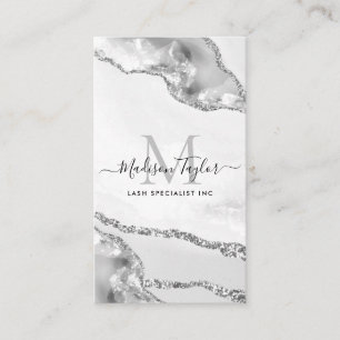 Modern Silver Grey Glitter Marble Agate Monogram Business Card