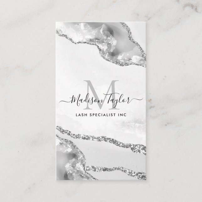 Modern Silver Grey Glitter Marble Agate Monogram Business Card (Front)
