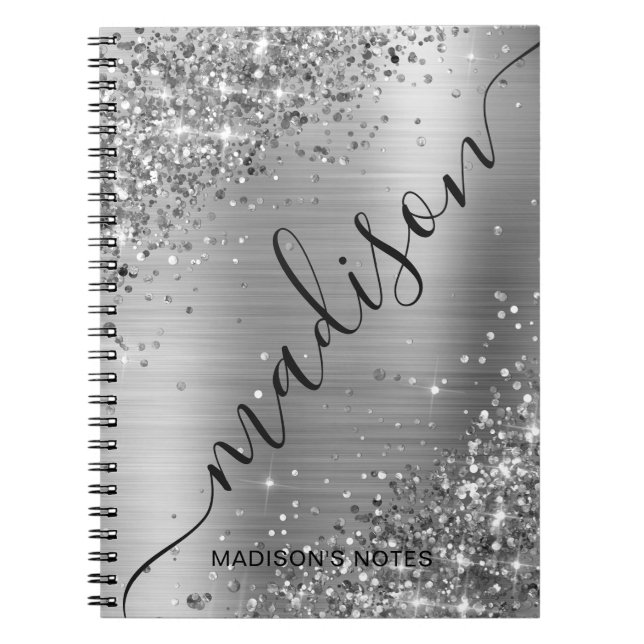 Modern Silver Grey Glitter Metallic Name Signature Notebook (Front)