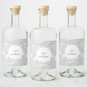 Modern Silver Grey Graphic Floral Botanical Liquor Bottle Label